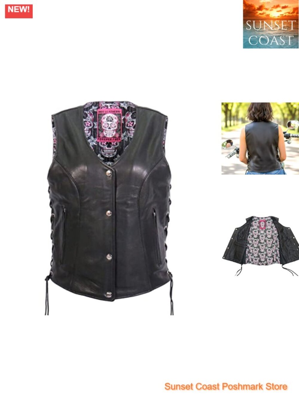 Ladies Leather MC Vest Sugar Skull Lined Conceal Carry